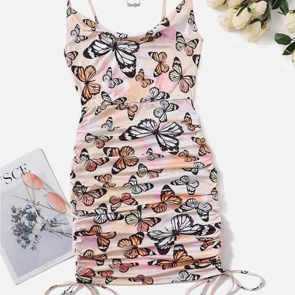 SHEIN Ruched Drawstring Butterfly Dress